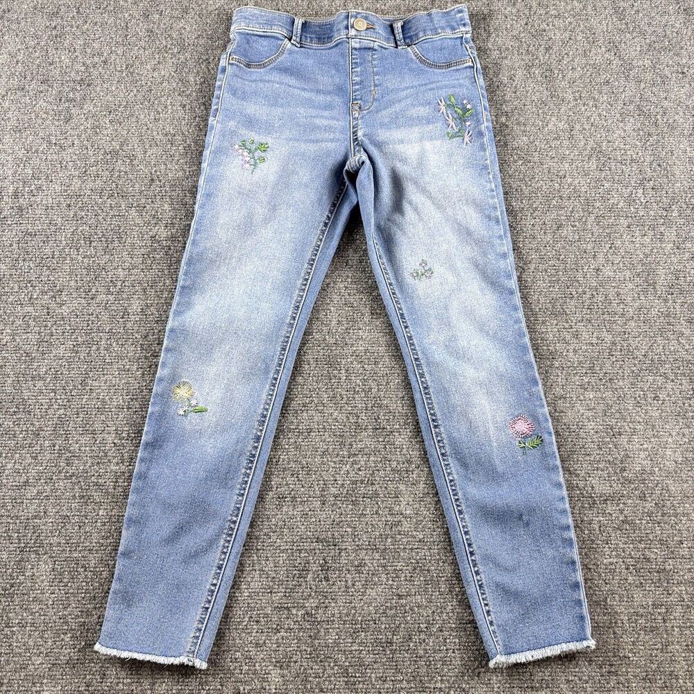 Wonder Nation Girls Jeans L 10-12 Light Wash Floral Embroidered Jeggings Raw Hem